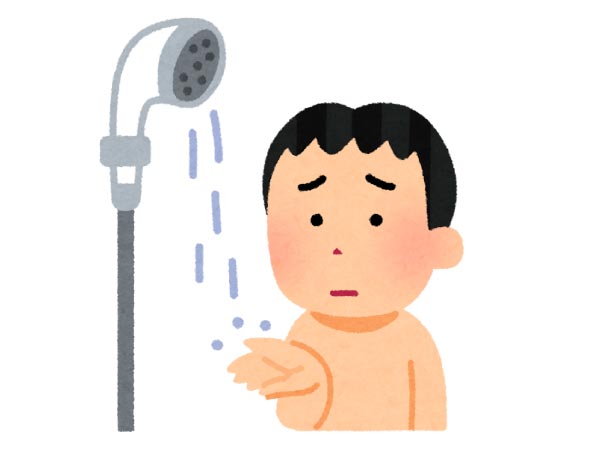 シャワーの水量が少なくて困る男性のイラスト