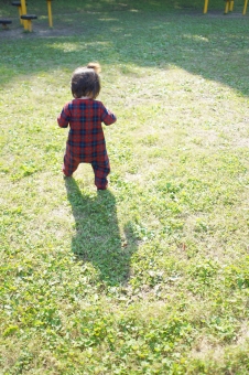芝生の上を歩く幼児の後ろ姿の写真