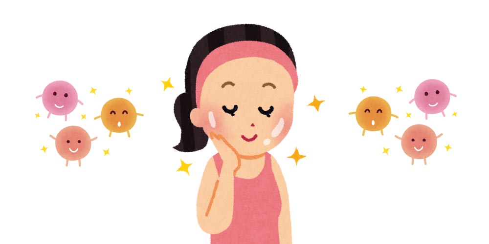 肌がつるつるな女性と善玉菌のイラスト
