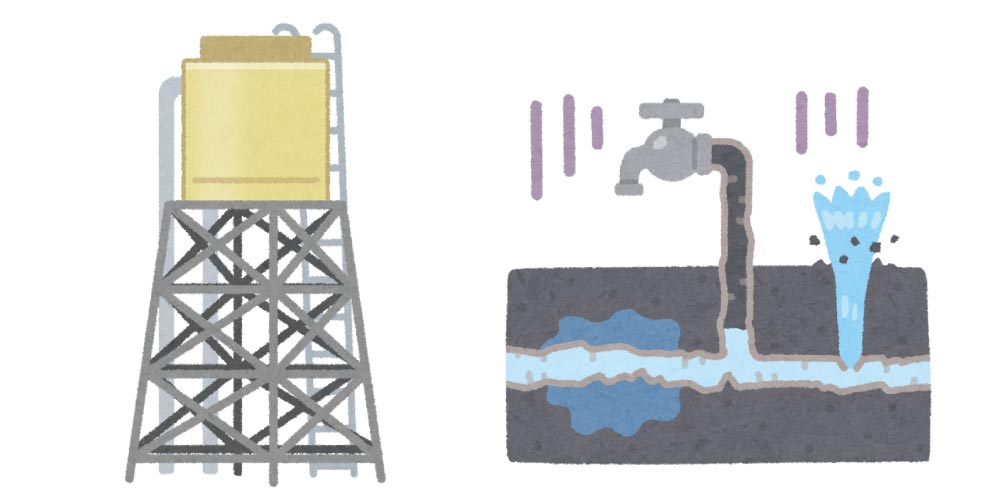貯水槽と老朽化した水道管のイラスト