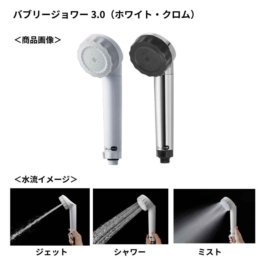 バブリージョワー3.0のホワイト・クロムの商品画像とジェット・シャワー・ミストの水流イメージ