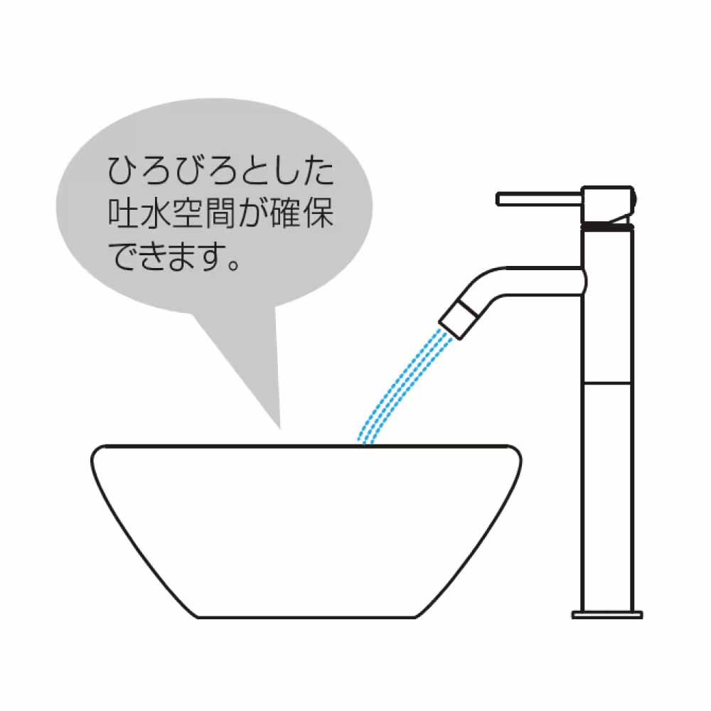 台付シングルレバー混合水栓_TK216J_広々とした吐水空間