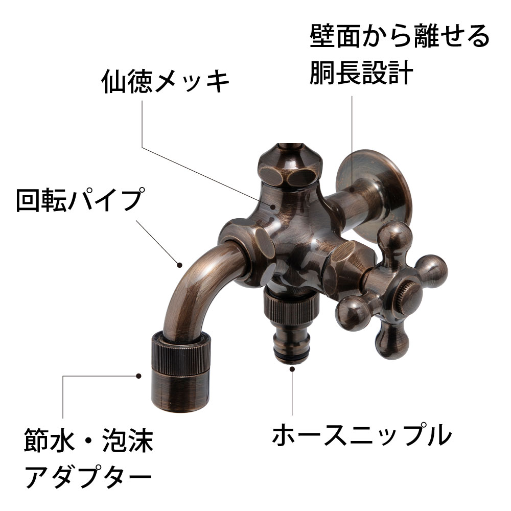 二口万能胴長水栓（仙徳メッキ）の特長