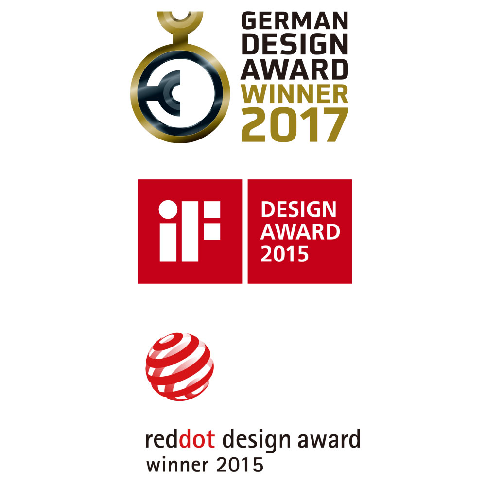 スプリンクル3Dが受賞したGerman Design Award 2017、iF DESIGN AWARD 2015、Red Dot Award 2015のロゴ