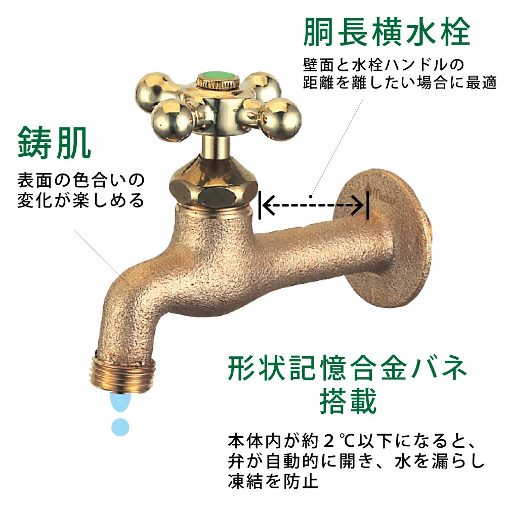 水生活製作所の外水栓「胴長横水栓（凍結防止ハンドル鋳肌）」_製品特長