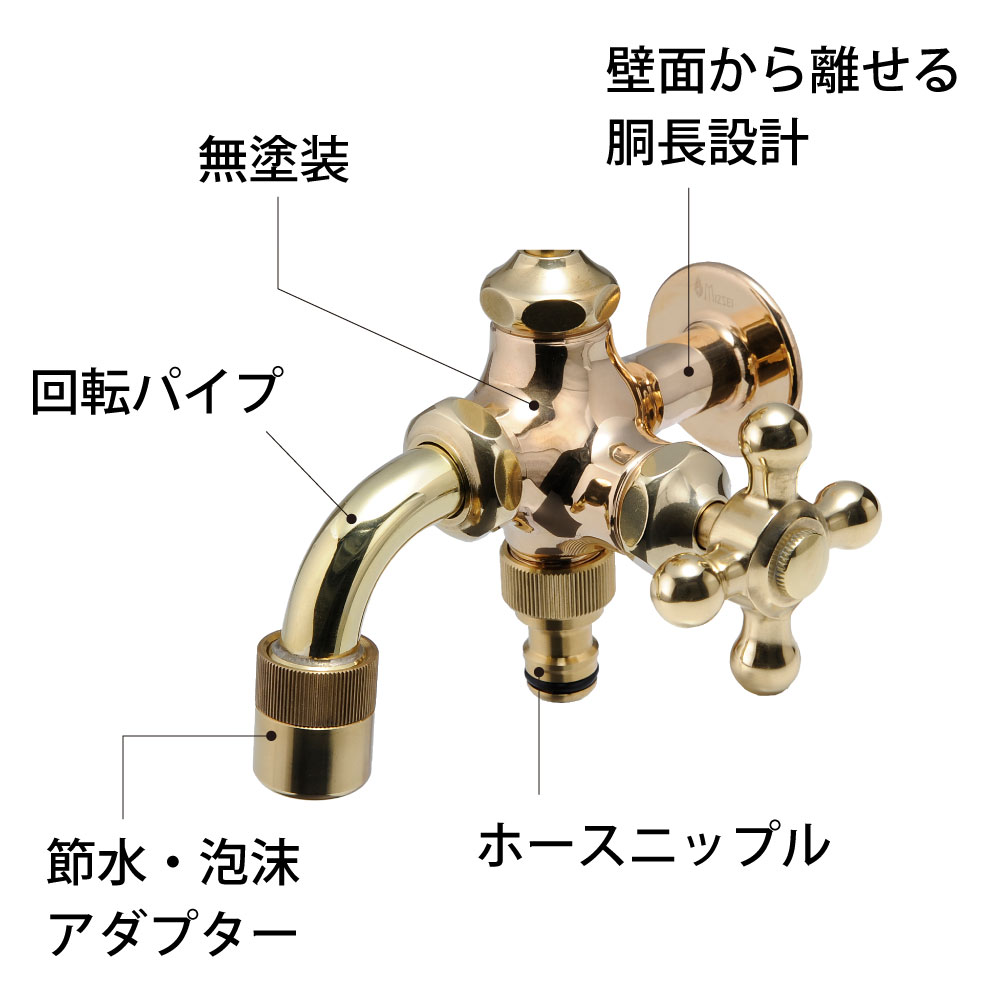 二口万能胴長水栓の研磨・胴長・回転パイプ・泡沫アダプター・ホースニップルの特長