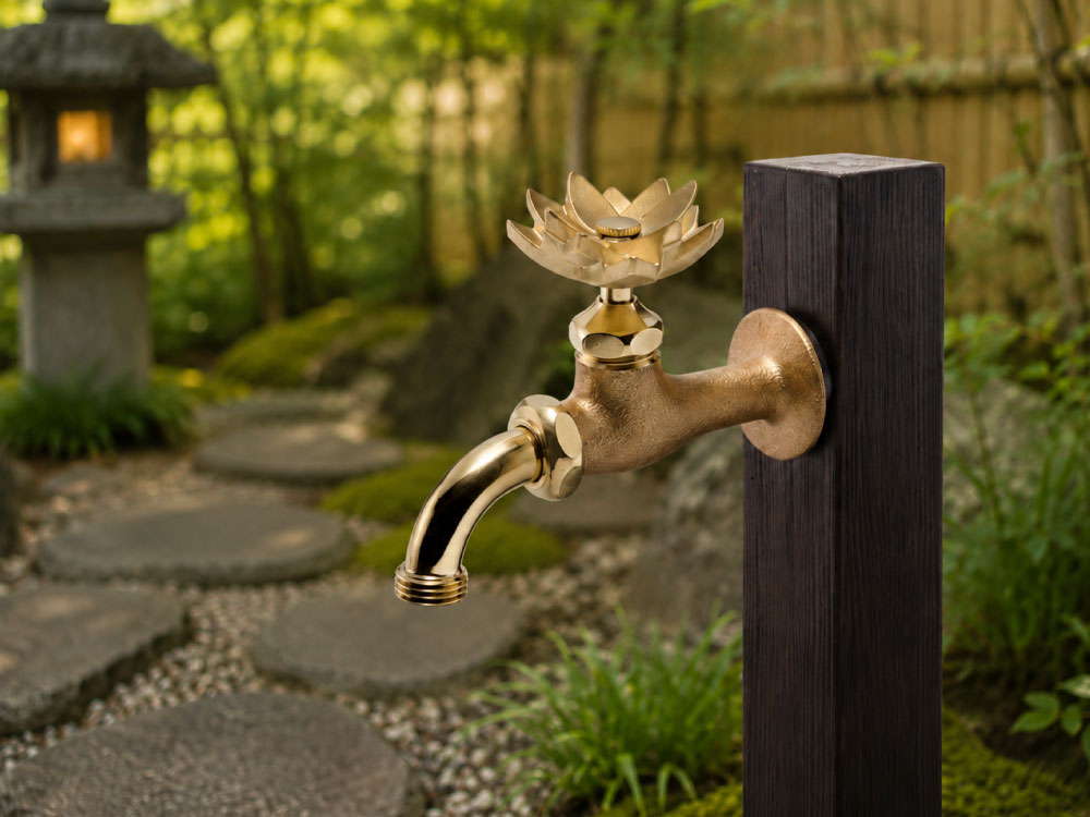 万能ホーム胴長水栓（鋳肌・ハスハンドル）を木目調の水栓柱に取り付けた施工イメージ