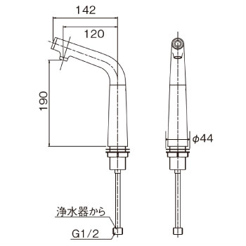 飲み頃センサー付き浄水器専用水栓寸法図