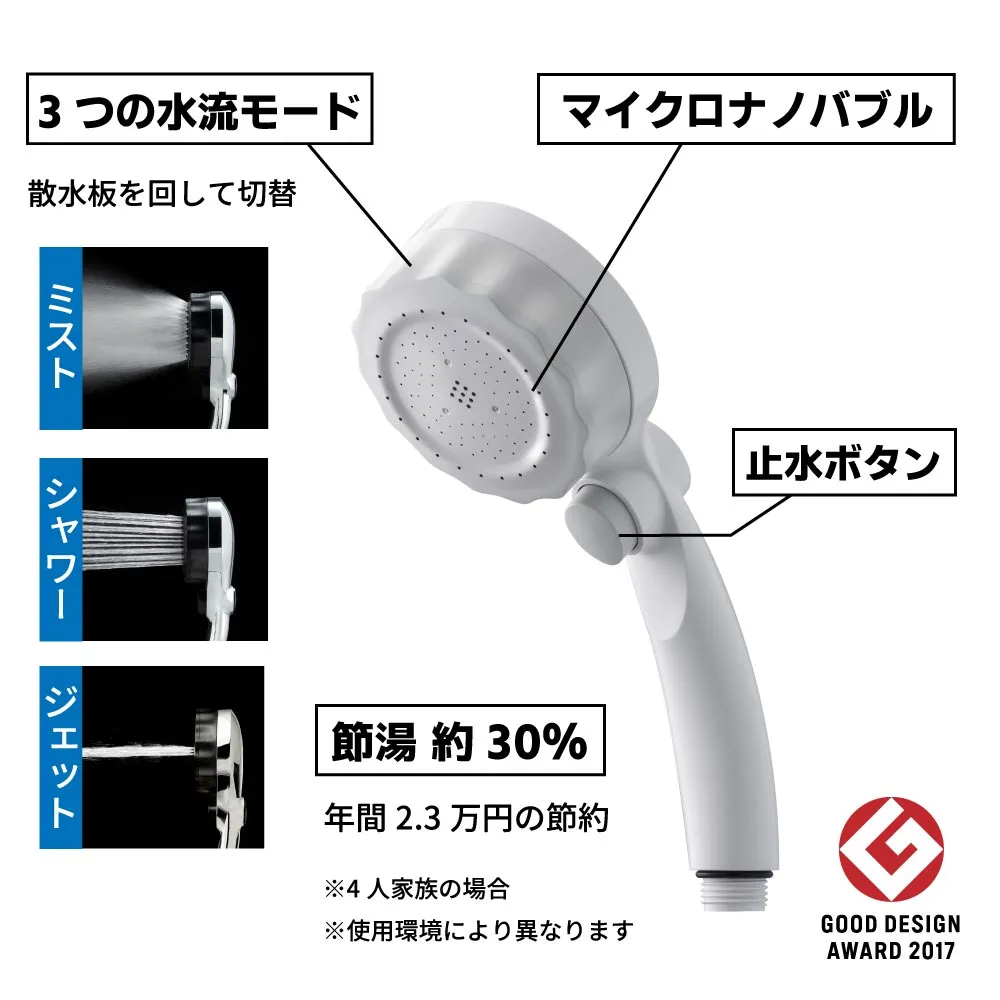 バブリーミスティシャワー3.0　ホワイト　ストップボタン付きの機能