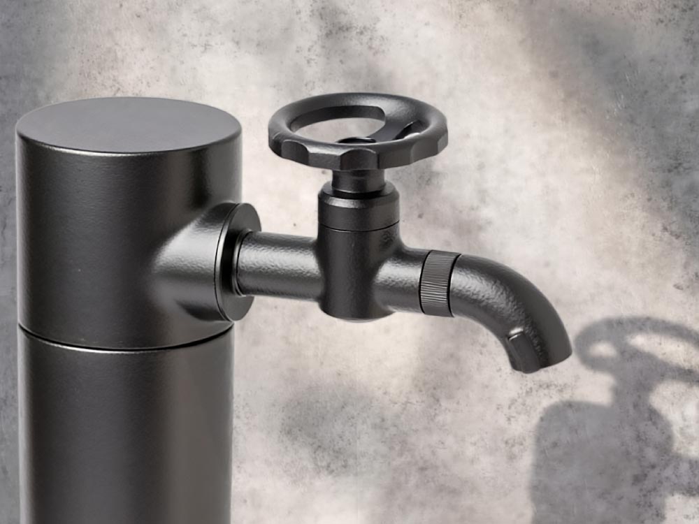 横水栓ウォーターワークス（マットブラック）と黒い水栓柱の施工イメージ